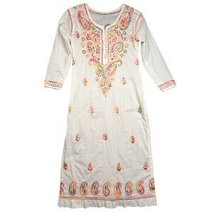 Vintage Indian Kurti Tunic Dress Embroidered Linen Blend White Paisley Small